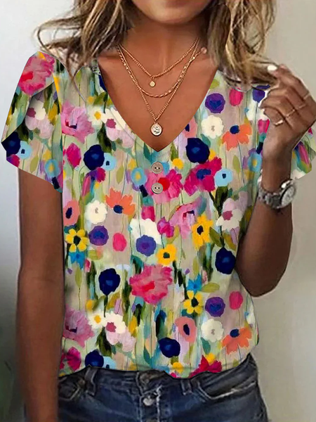 V Neck Loose Floral Casual T Shirt