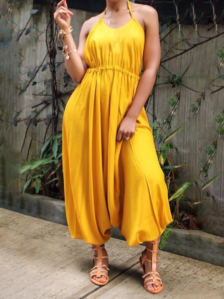 

Plain Vacation Halter Loose Jumpsuit, Yellow, Jumpsuits