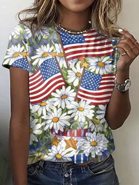 

Casual America Flag Crew Neck Short Sleeve T-shirt, Multicolor, T-shirts