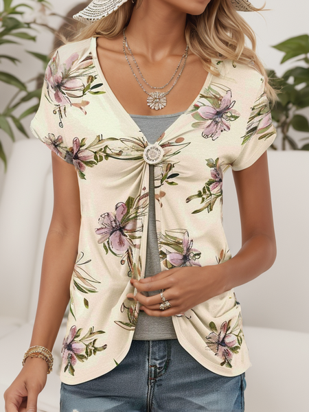 

Women's Summer Beige Floral Knitted Casual Mock Two-Piece, Shirts & Blouses