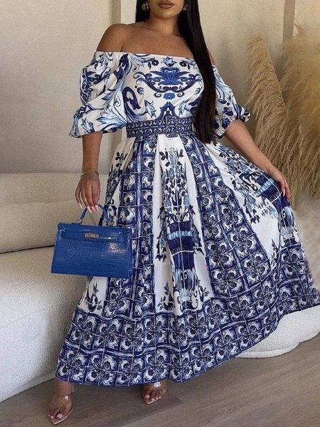 

Cold Shoulder Floral Vacation Dress With Belt, Blue, Maxi Dresses