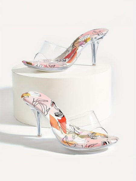 

Transparent PVC Abstract Print Crystal Heeled Mule Sandals, Apricot, Slippers