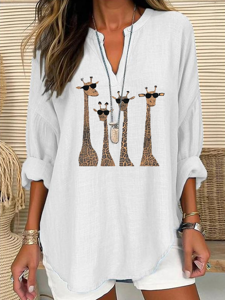 

Notched Long Sleeve Deer Regular Loose Shirt For Women, White, Blouses