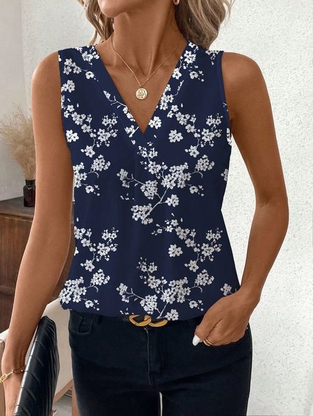 

Women's Sleeveless Tank Top Summer Dark Blue Floral V Neck Daily Going Out Casual Top, Tanks & Camis
