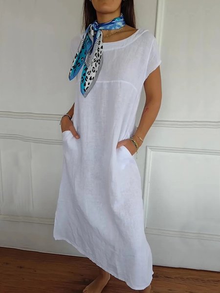 

Plain Vacation Loose Cotton Dress With No, White, Maxi Dresses