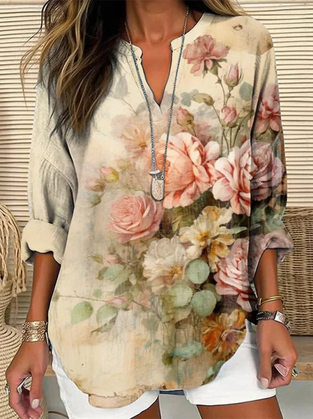 

Notched Long Sleeve Floral Regular Loose Shirt For Women, Apricot, Blouses