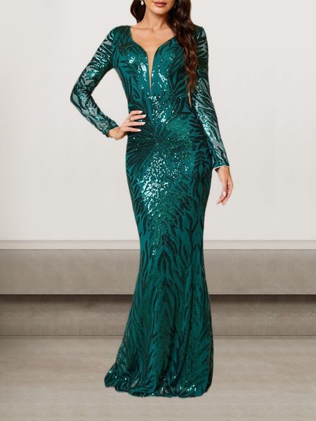 

Women Plain V Neck Long Sleeve Comfy Sexy Maxi Dress, Green, Dresses