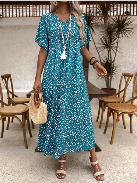

Women's Short Sleeve Summer Green Floral V Neck Daily Going Out Casual Maxi A-Line Dress, Dresses