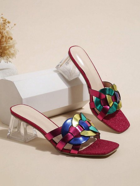 

Glamorous Color-block Braided Crystal Chunky Heeled Mule Sandals, Red, Slippers