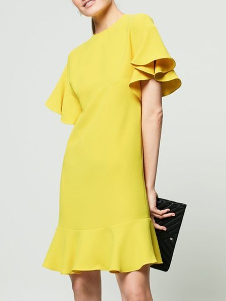 

Elegant Plain Crew Neck Ruffle Short Sleeve Dress, Yellow, Mini Dresses