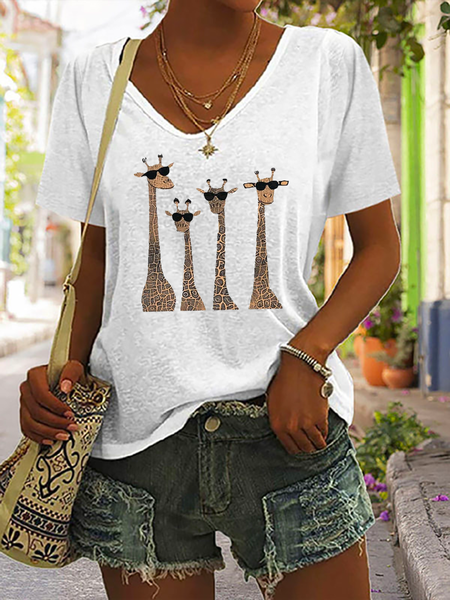 

Deer V Neck Casual T-Shirt, White, T-shirts