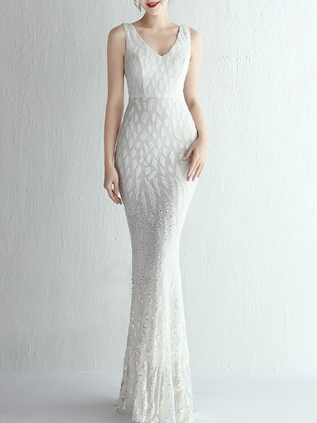 

Women Plain V Neck Sleeveless Comfy Sexy Maxi Dress, White, Dresses