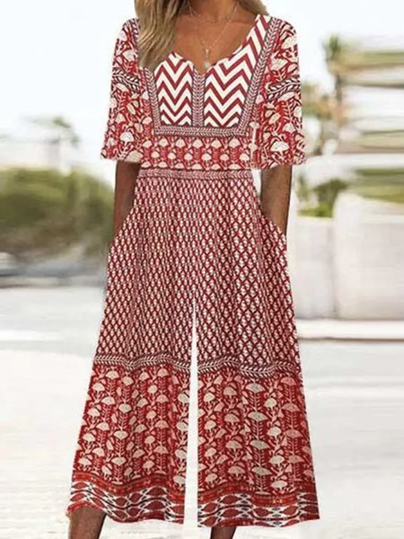 

Women Short Sleeve V Neck Loose Ankle Pants Buckle Daily Casual Ethnic Natural T-Shirt Jumpsuit, Red, Jumpsuits&Rompers