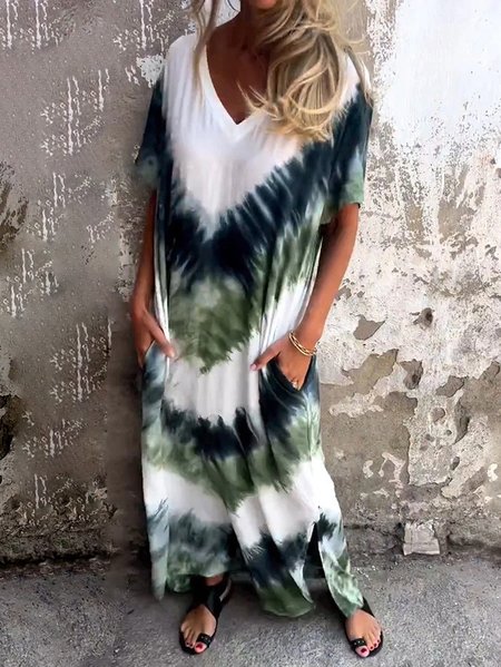

Women Tie Dye V Neck Short Sleeve Comfy Casual Maxi Dress, Darkgreen, Dresses