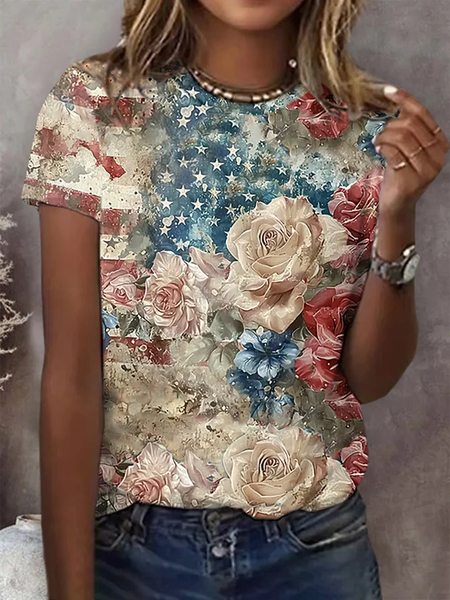 

Casual Flag Crew Neck Short Sleeve T-shirt, Multicolor, T-shirts