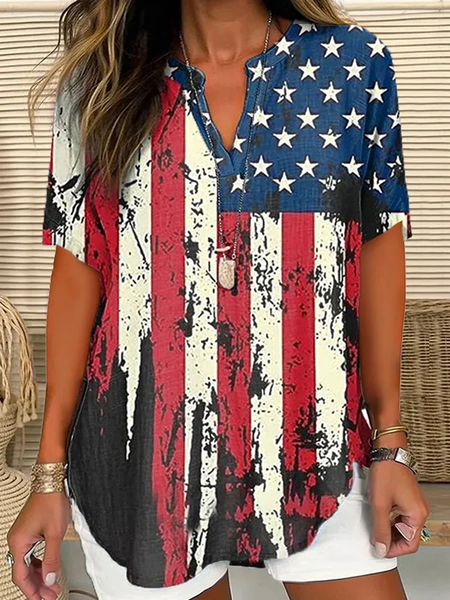 

Notched Short Sleeve Flag Regular Loose Shirt For Women, Multicolor, Blouses
