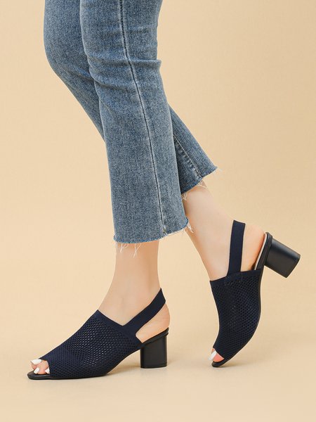 

Minimalist Breathable Mesh Fabric Chunky Heel Peep-toe Sandals, Deep blue, Sandals