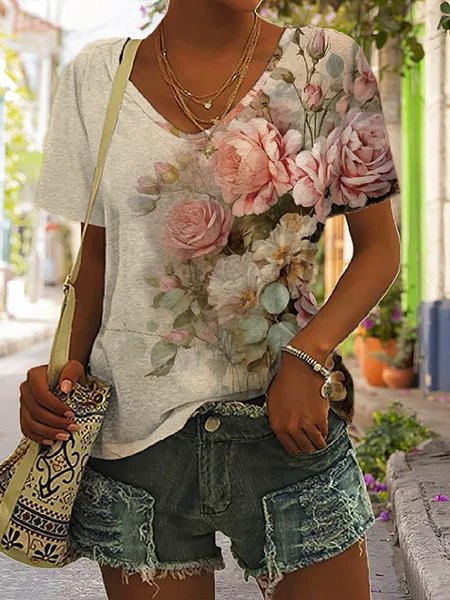 

Women's Short Sleeve Tee/T-shirt Summer Floral Jersey V Neck Daily Going Out Casual Top Multicolor, T-Shirts
