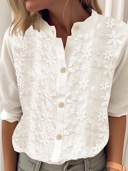 

Stand Collar Half Sleeve Plain Embroidery Regular Loose Blouse For Women, White, Shirts