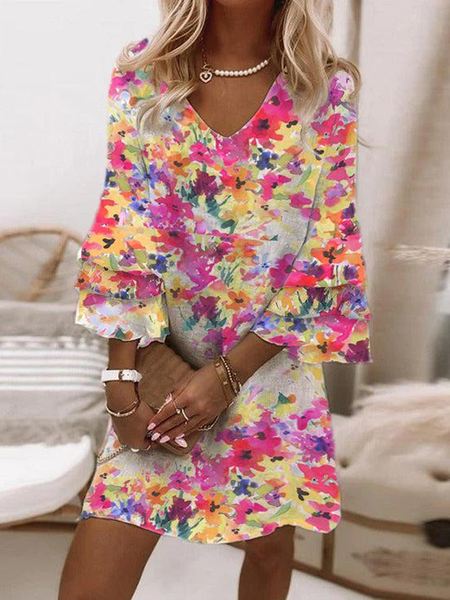 

Women Floral V Neck Three Quarter Sleeve Comfy Casual Short Dress, Multicolor, Dresses
