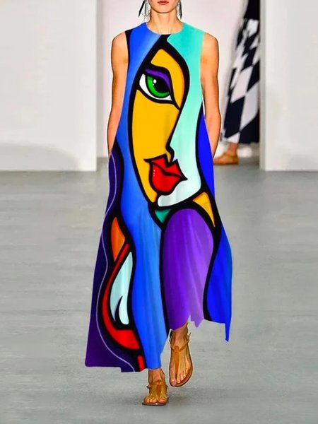 

Pocket Stitching Casual Loosen Sleeveless Maxi Dress, As picture, Maxi Dresses