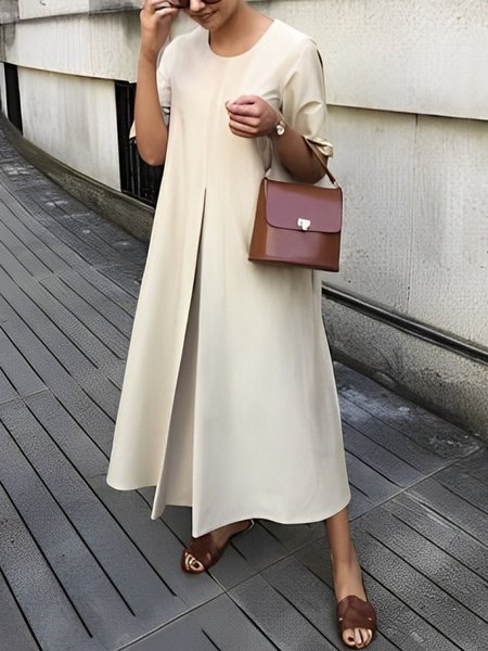 

Simple Loose Plain Crew Neck Urban Dress, Apricot, Maxi Dresses