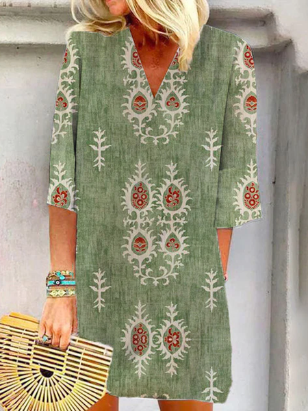 Women Ethnic V Neck Half Sleeve Comfy Casual Mini Dress, Green, Dresses