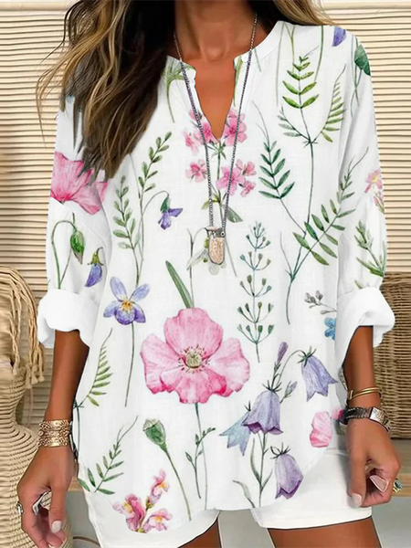 

Notched Long Sleeve Floral Regular Loose Shirt For Women, White, Blouses