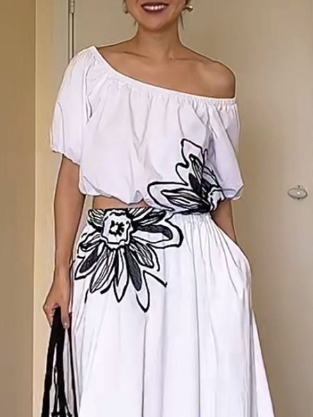 

Casual Crew Neck Floral Loose Shirt, White, Blouses and Shirts