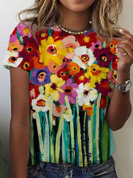 

Casual Floral Crew Neck Short Sleeve T-shirt, Multicolor, T-shirts