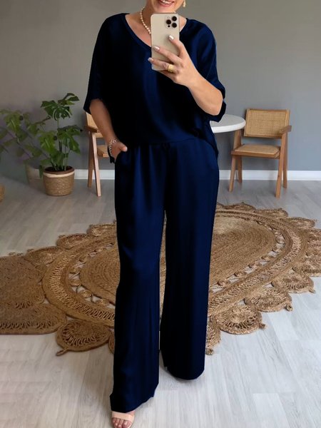 

Women Plain V Neck Half Sleeve Comfy Casual Top With Pants Two-Piece Set, Deep blue, Jumpsuits&Rompers