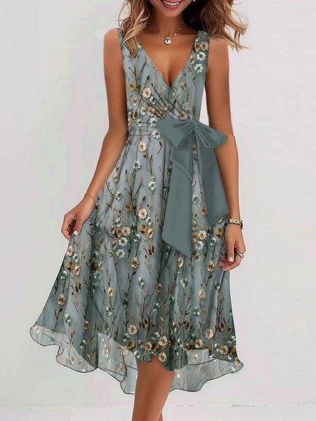 

Women's Sleeveless Summer Floral Bow V Neck Daily Going Out Vacation Midi A-Line Green, Dresses