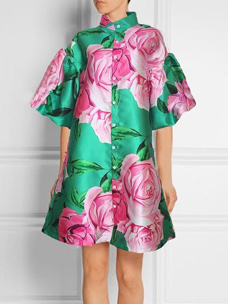 

Elegant Regular Fit Shirt Collar Floral Dress, Green, Mini Dresses