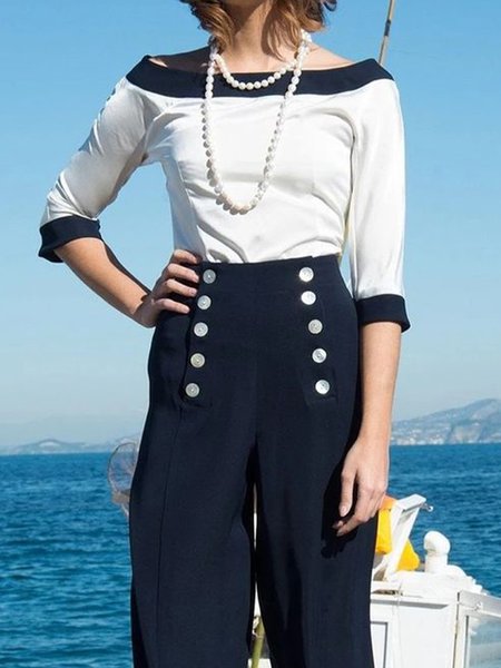 

Cold Shoulder Regular Fit Elegant Color Block Shirt, White, Blouses and Shirts