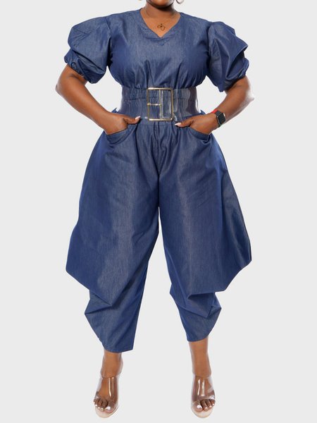 

Plain Faux Denim Casual V Neck Jumpsuit With No Belt, Blue, Jumpsuits