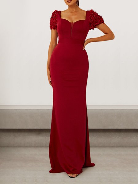 

Women Plain V Neck Short Sleeve Comfy Sexy Maxi Dress, Wine red, Dresses