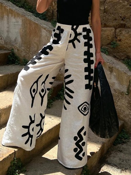 Casual Random Print Loose Pants, Black-white, Pants