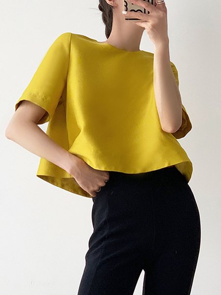 Loose Satin Urban Crew Neck Plain Short Sleeve Shirt, Yellow, Blouses and Shirts