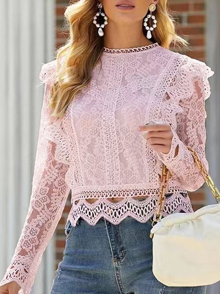

Women's Long Sleeve Blouse Spring/Fall Plain Lace Mock Neck Daily Going Out Casual Top, Pink, Shirts