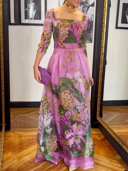 

Elegant Square Neck Floral Regular Fit Maxi Dress, As picture, Maxi Dresses