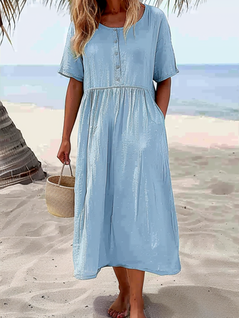 

Crew Neck Loose Vacation Dress With No, Blue, Maxi Dresses