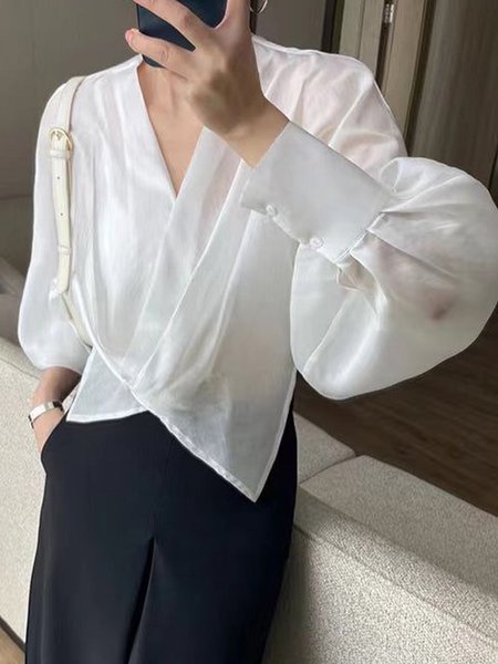 

Plain Urban Loose V Neck Shirt, White, Blouses and Shirts