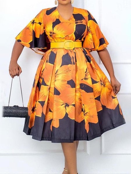 

Elegant Floral V Neck Regular Fit Dress With No Belt, As picture, Midi Dresses