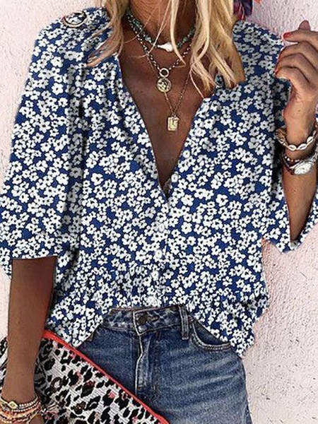 

V Neck Half Sleeve Small Floral Regular Loose Blouse For Women, Blue, Shirts