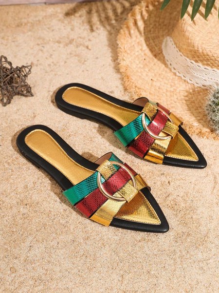 

Color-block Weave Metal Ring Decorated Slide Sandals, Golden, Slippers