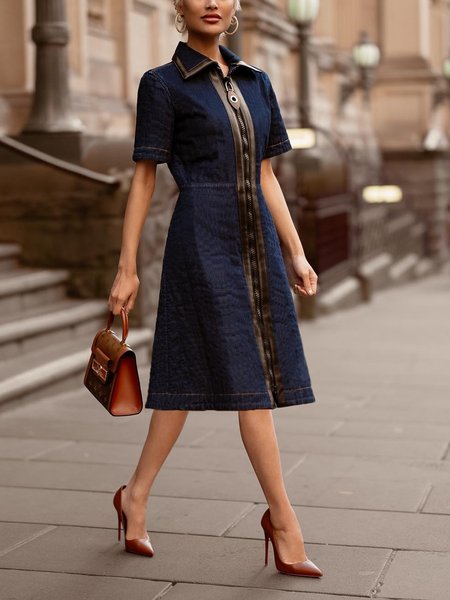 

Plain Urban Regular Fit Short Sleeve Denim Midi Dress, Denim blue, Midi Dresses