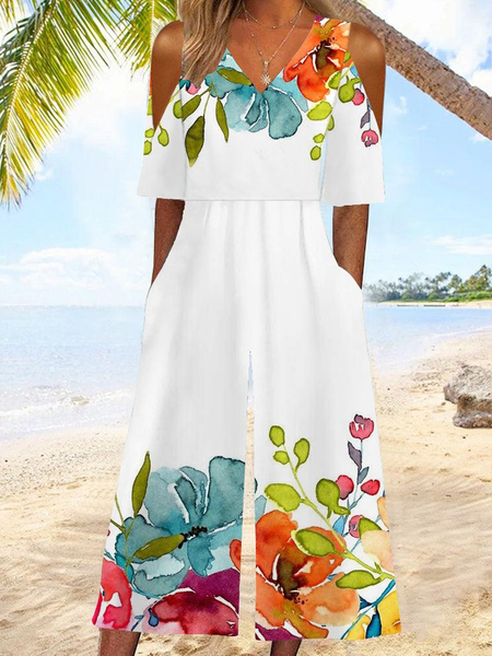 

Women Short Sleeve V Neck Loose Ankle Pants Daily Casual Floral Natural Jumpsuit, White, Jumpsuits&Rompers