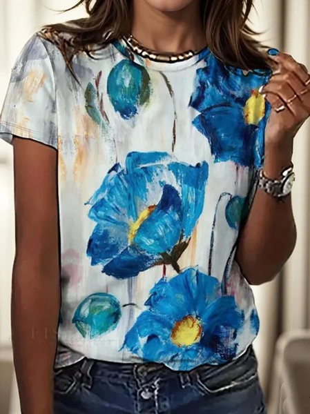 

Casual Floral Crew Neck Short Sleeve T-shirt, Blue, T-shirts