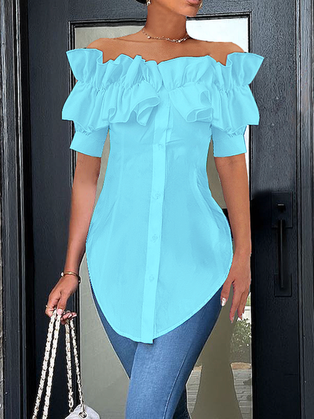 

Elegant Off Shoulder Ruffle Short Sleeve Button-Down Blouse, Blue, Blouses and Shirts
