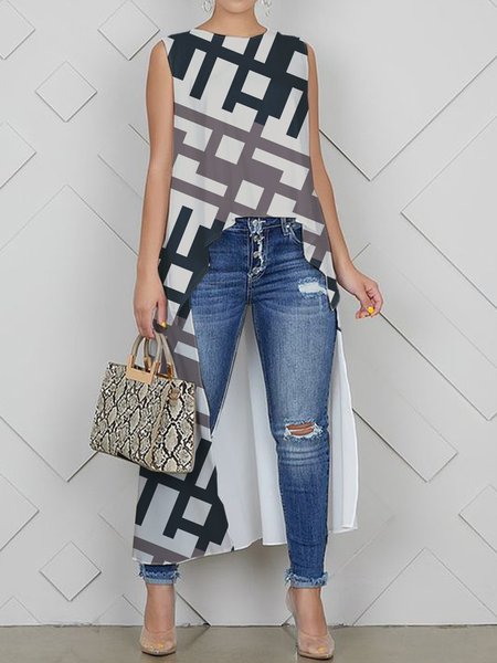 

Plaid Loose Crew Neck Urban Tank Top, As picture, Tanks and Camis